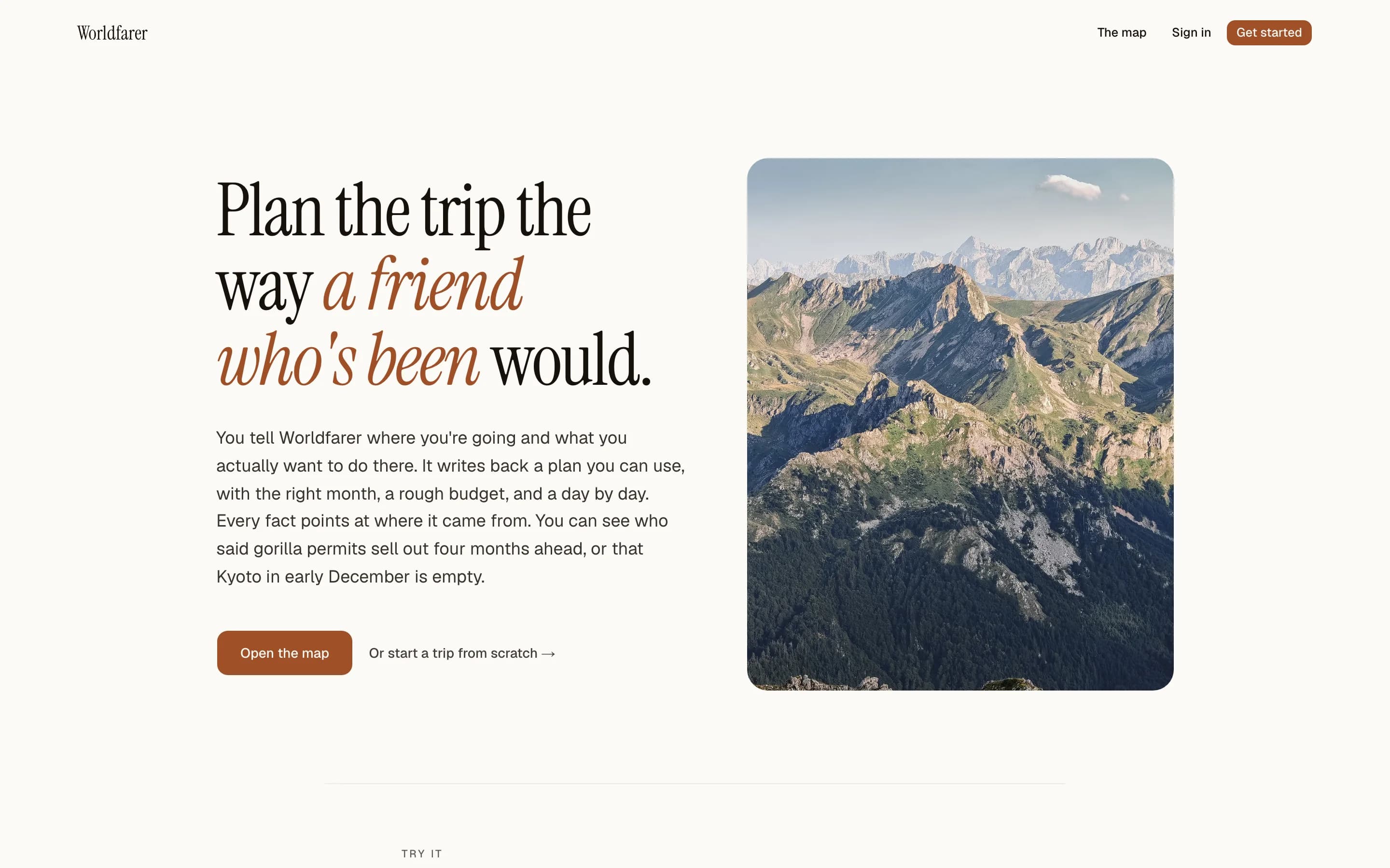 Worldfarer, first screen of the live site